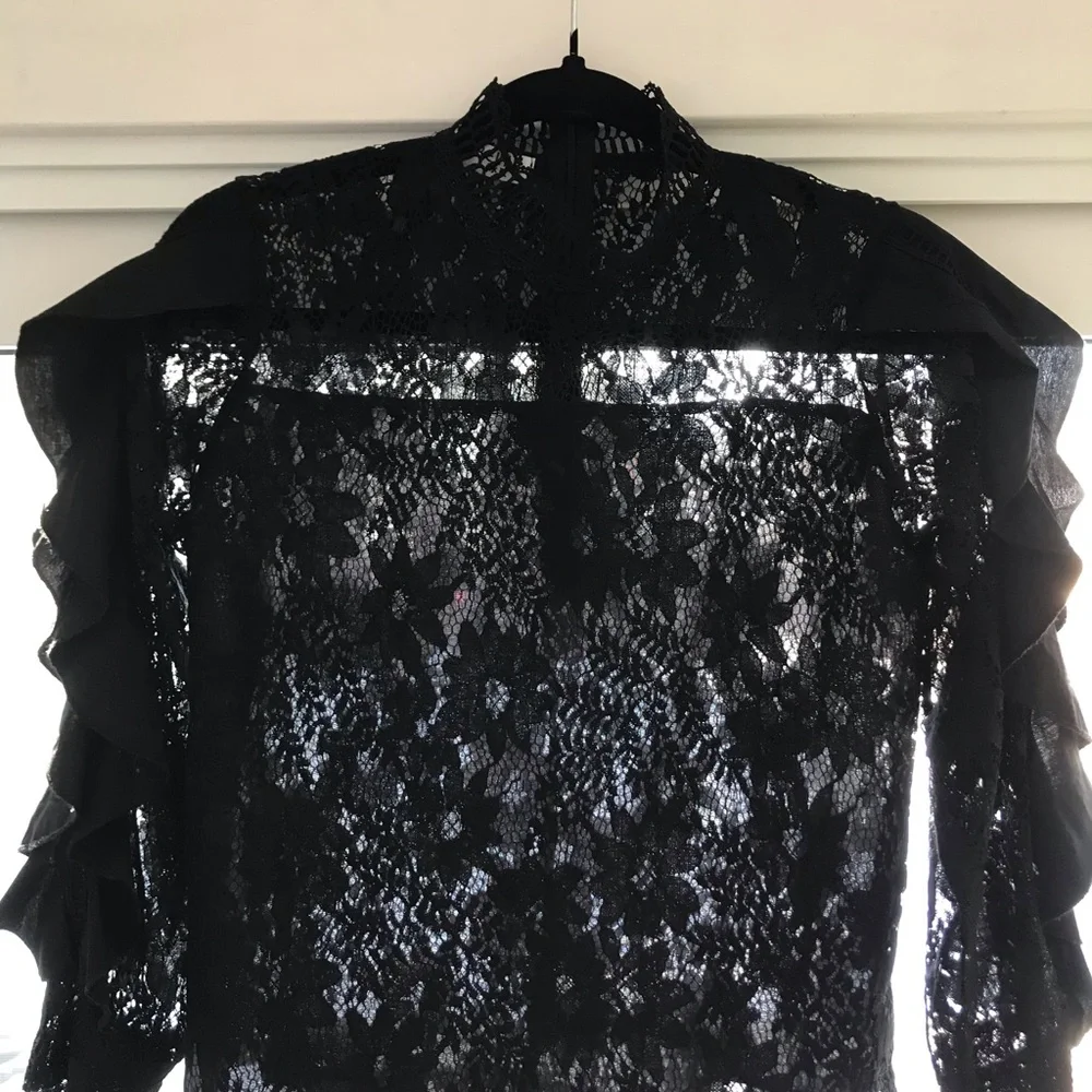 Beautiful Black Lace Top with Ruffle Sleeves By SHIRELY Size Medium - Picture 15 of 16